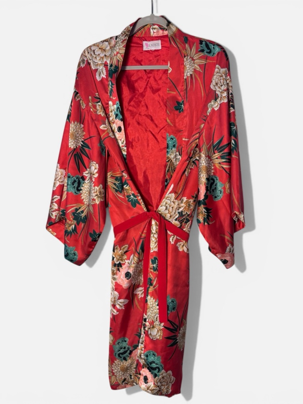 Red Satin Floral Kimono Robe Silky Wrap Loungewear Bridal Small Latiste